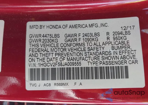 2018 Honda Accord Ex-L 2.0T из США, поврежденный, VIN 1HGCV2F58JA009555